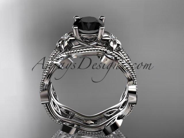 platinum diamond leaf and vine wedding ring, engagement ring, engagement set with a Black Diamond center stone ADLR151S - AnjaysDesigns