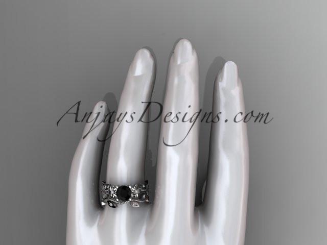14k white gold diamond leaf and vine wedding ring, engagement ring, engagement set with a Black Diamond center stone ADLR151S - AnjaysDesigns