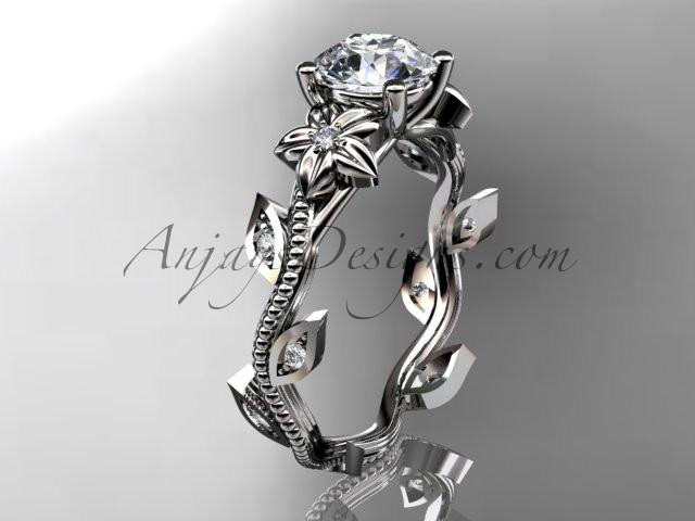 Platinum diamond leaf and vine wedding ring,engagement ring with a "Forever One" Moissanite center stone ADLR151. nature inspired jewelry - AnjaysDesigns