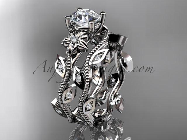 14k white gold diamond leaf and vine wedding ring, engagement ring, engagement set ADLR151 - AnjaysDesigns