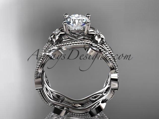 14k white gold diamond leaf and vine wedding ring, engagement ring, engagement set with a "Forever One" Moissanite center stone ADLR151S - AnjaysDesigns