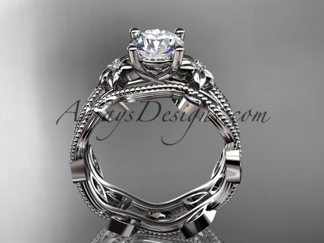 Platinum diamond leaf and vine wedding ring, engagement ring, engagement set with a "Forever One" Moissanite center stone ADLR151S - AnjaysDesigns