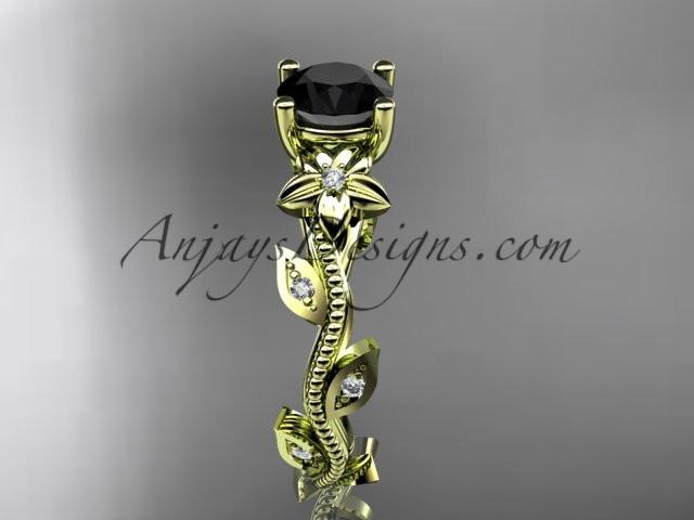 14kt yellow gold diamond leaf and vine wedding ring,engagement ring with a Black Diamond center stone ADLR151 - AnjaysDesigns
