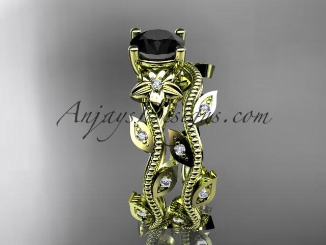 14k yellow gold diamond leaf and vine wedding ring, engagement ring, engagement set with a Black Diamond center stone ADLR151S - AnjaysDesigns
