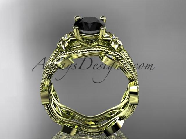 14k yellow gold diamond leaf and vine wedding ring, engagement ring, engagement set with a Black Diamond center stone ADLR151S - AnjaysDesigns