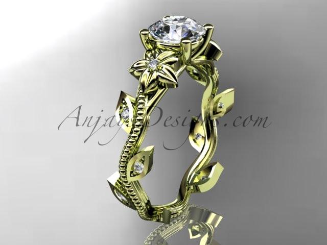 14kt yellow gold diamond leaf and vine wedding ring, engagement ring. ADLR151. nature inspired jewelry - AnjaysDesigns