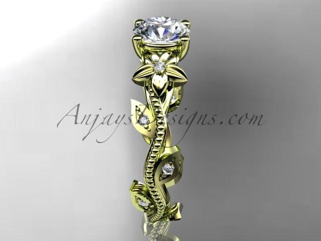 14kt yellow gold diamond leaf and vine wedding ring, engagement ring. ADLR151. nature inspired jewelry - AnjaysDesigns