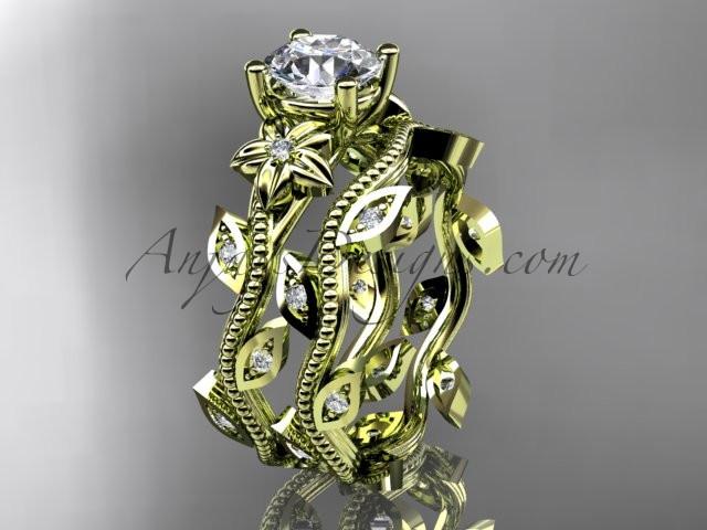14k yellow gold diamond leaf and vine wedding ring, engagement ring, engagement set with a "Forever One" Moissanite center stone ADLR151S - AnjaysDesigns