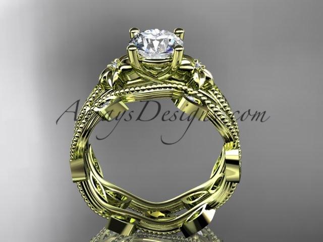 14k yellow gold diamond leaf and vine wedding ring, engagement ring, engagement set with a "Forever One" Moissanite center stone ADLR151S - AnjaysDesigns