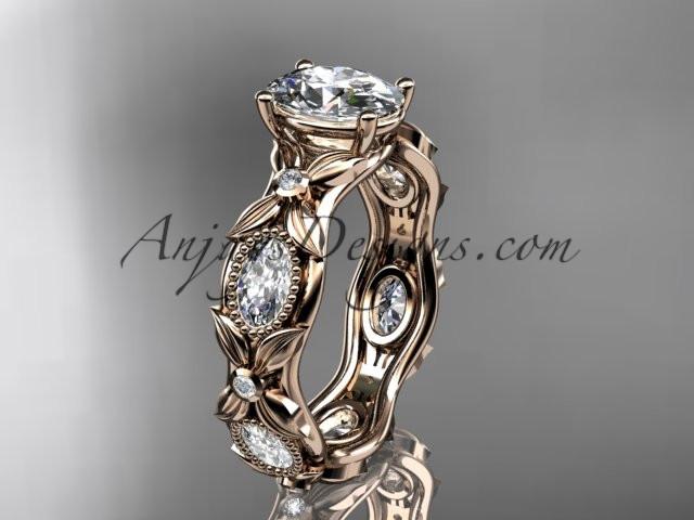 14kt rose gold diamond leaf and vine wedding ring, engagement ring with a "Forever One" Moissanite center stone ADLR152 - AnjaysDesigns
