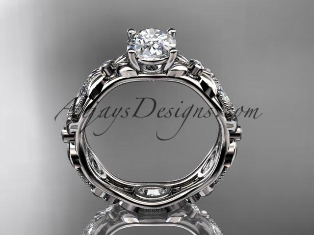 14kt white gold diamond leaf and vine wedding ring, engagement ring with a "Forever One" Moissanite center stone ADLR152 - AnjaysDesigns