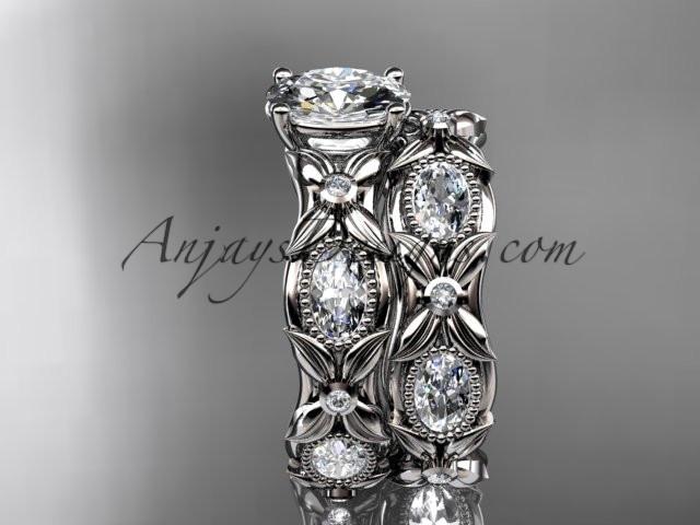 14kt white gold diamond leaf and vine wedding ring, engagement set with a "Forever One" Moissanite center stone ADLR152S - AnjaysDesigns