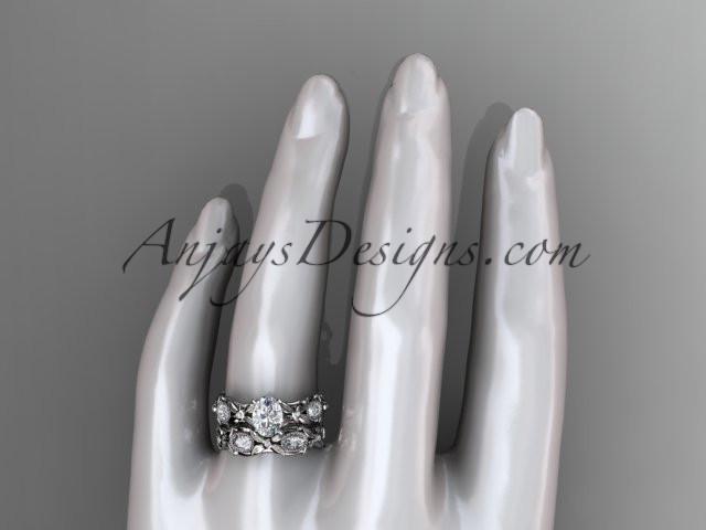 platinum diamond leaf and vine wedding ring, engagement set with a "Forever One" Moissanite center stone ADLR152S - AnjaysDesigns