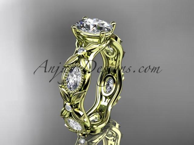 14kt yellow gold diamond leaf and vine wedding ring, engagement ring with a "Forever One" Moissanite center stone ADLR152 - AnjaysDesigns
