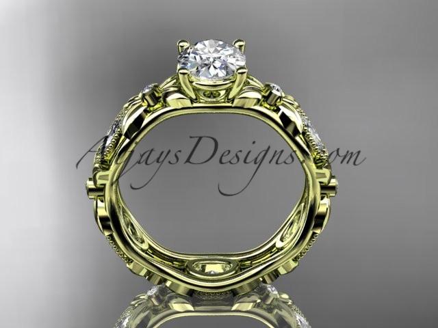 14kt yellow gold diamond leaf and vine wedding ring, engagement ring with a "Forever One" Moissanite center stone ADLR152 - AnjaysDesigns