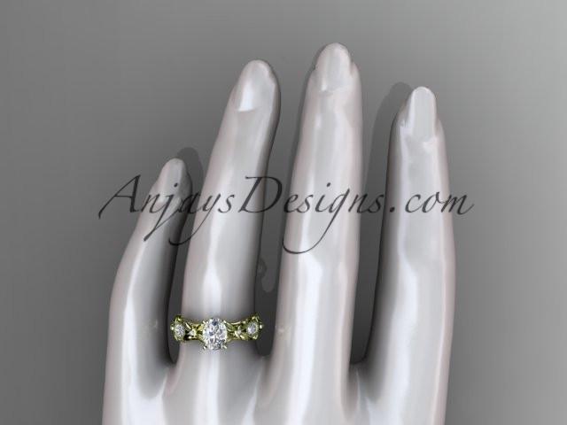 14kt yellow gold diamond leaf and vine wedding ring, engagement ring with a "Forever One" Moissanite center stone ADLR152 - AnjaysDesigns