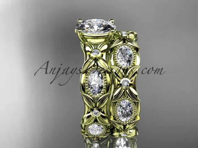 14kt yellow gold diamond leaf and vine wedding ring, engagement set with a "Forever One" Moissanite center stone ADLR152S - AnjaysDesigns