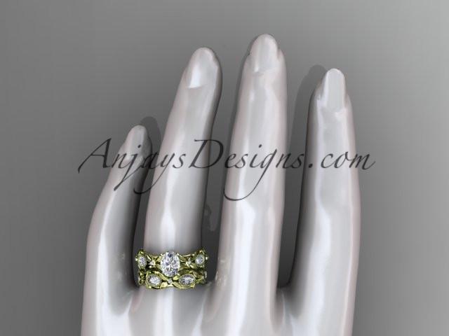 14kt yellow gold diamond leaf and vine wedding ring, engagement set with a "Forever One" Moissanite center stone ADLR152S - AnjaysDesigns