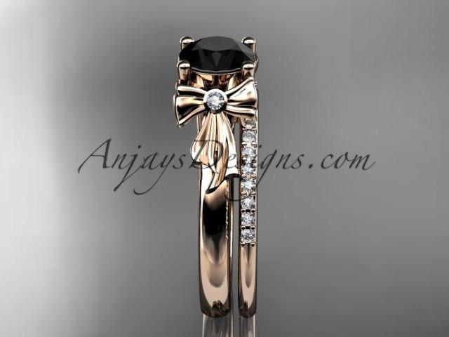 14kt rose gold diamond unique engagement set, wedding ring with a Black Diamond center stone ADER154S - AnjaysDesigns