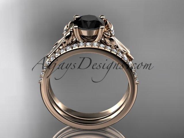 14kt rose gold diamond unique engagement set, wedding ring with a Black Diamond center stone ADER154S - AnjaysDesigns