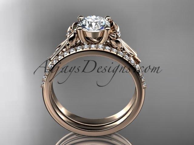 14kt rose gold diamond unique engagement set, wedding ring with a "Forever One" Moissanite center stone ADER154S - AnjaysDesigns