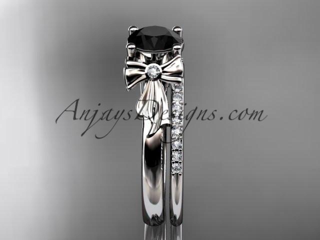 14kt white gold diamond unique engagement set, wedding ring with a Black Diamond center stone ADER154S - AnjaysDesigns