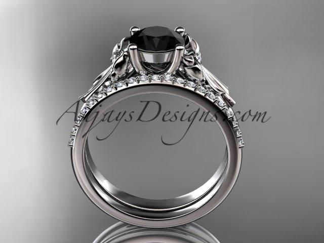 14kt white gold diamond unique engagement set, wedding ring with a Black Diamond center stone ADER154S - AnjaysDesigns