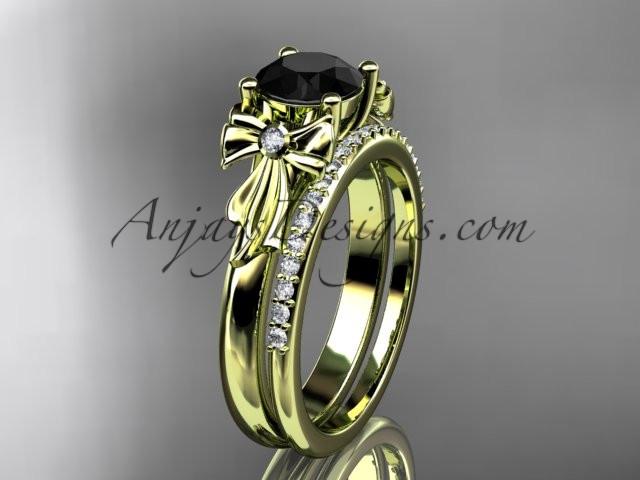 14kt yellow gold diamond unique engagement set, wedding ring with a Black Diamond center stone ADER154S - AnjaysDesigns