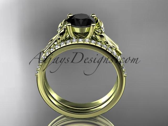 14kt yellow gold diamond unique engagement set, wedding ring with a Black Diamond center stone ADER154S - AnjaysDesigns