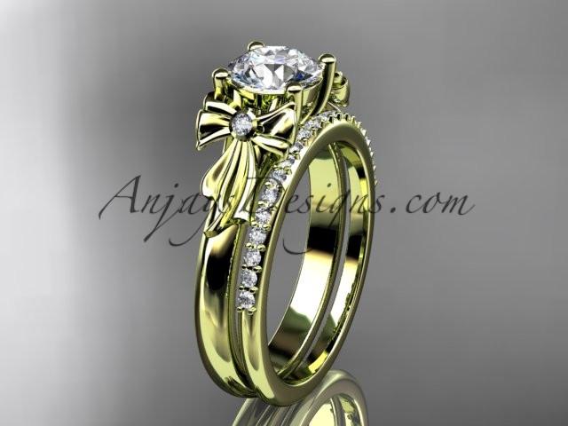 14kt yellow gold diamond unique engagement set, wedding ring with a "Forever One" Moissanite center stone ADER154S - AnjaysDesigns