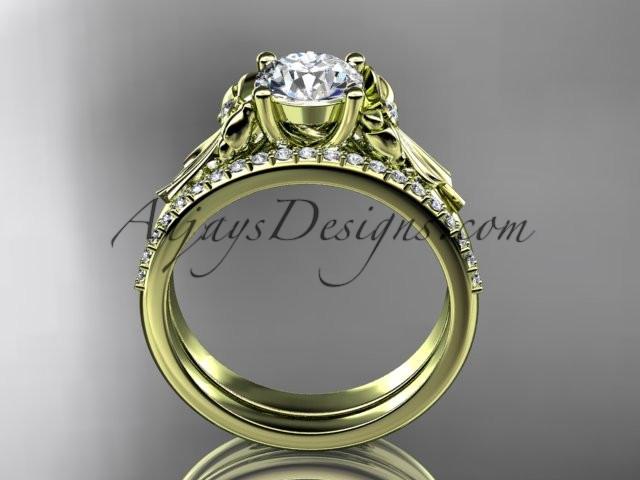 14kt yellow gold diamond unique engagement set, wedding ring with a "Forever One" Moissanite center stone ADER154S - AnjaysDesigns