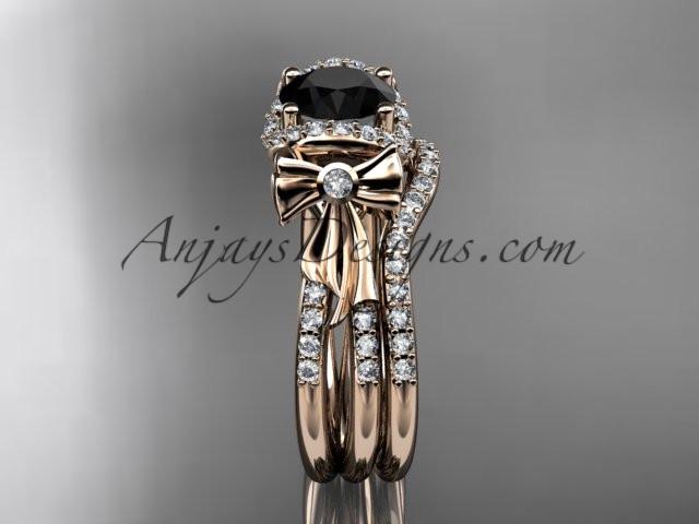 14kt rose gold diamond unique engagement set, wedding ring, bow ring with a Black Diamond center stone ADER155S - AnjaysDesigns