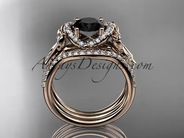 14kt rose gold diamond unique engagement set, wedding ring, bow ring with a Black Diamond center stone ADER155S - AnjaysDesigns