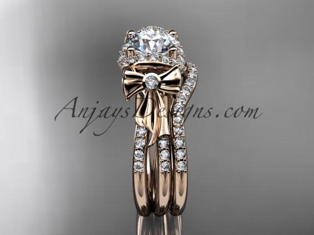 14kt rose gold diamond unique engagement set, wedding ring, bow ring with a "Forever One" Moissanite center stone ADER155S - AnjaysDesigns