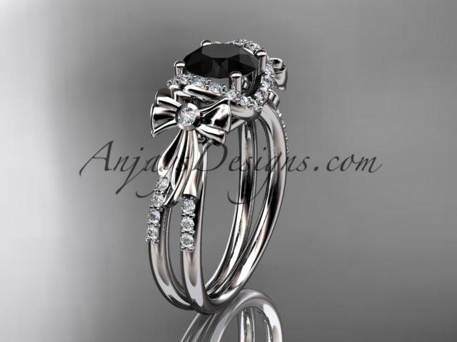 platinum diamond unique engagement ring, bow ring, wedding ring with a Black Diamond center stone ADER155 - AnjaysDesigns
