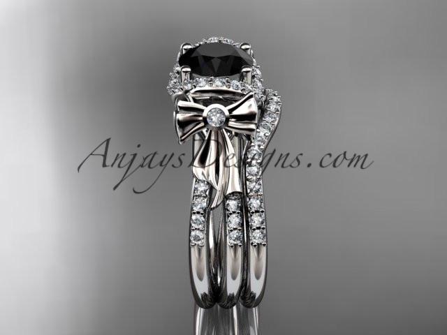 platinum diamond unique engagement set, wedding ring, bow ring with a Black Diamond center stone ADER155S - AnjaysDesigns