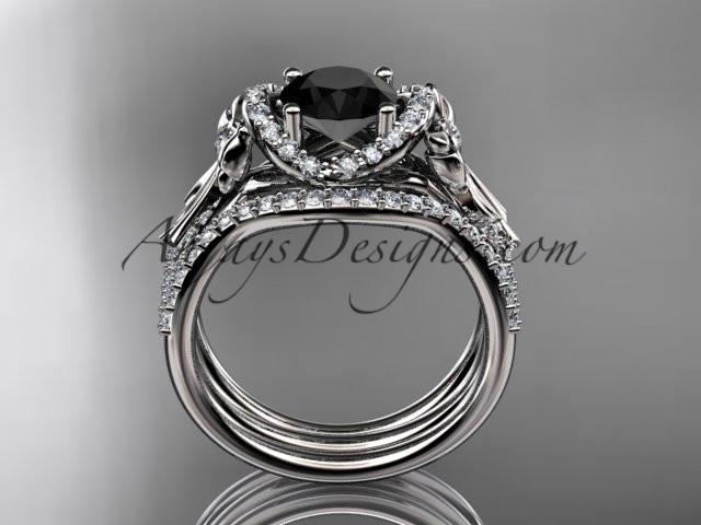 platinum diamond unique engagement set, wedding ring, bow ring with a Black Diamond center stone ADER155S - AnjaysDesigns