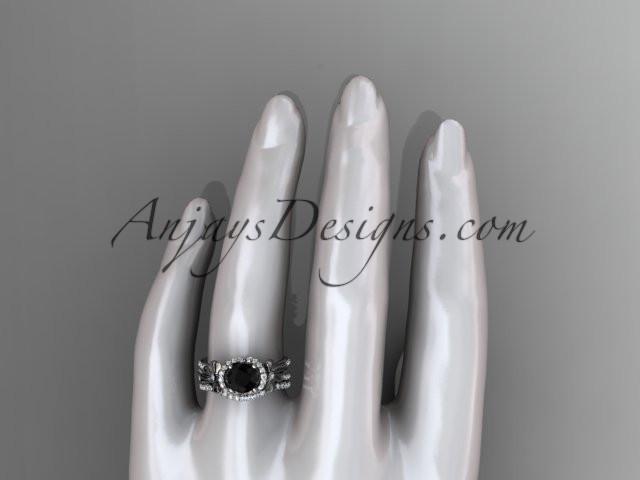 platinum diamond unique engagement set, wedding ring, bow ring with a Black Diamond center stone ADER155S - AnjaysDesigns