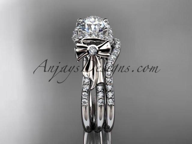 platinum diamond unique engagement set, wedding ring, bow ring with a "Forever One" Moissanite center stone ADER155S - AnjaysDesigns