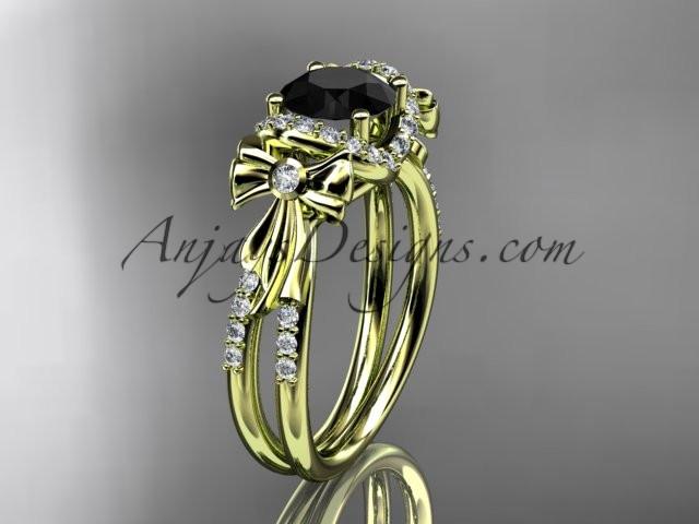 14kt yellow gold diamond unique engagement ring, bow ring, wedding ring with a Black Diamond center stone ADER155 - AnjaysDesigns