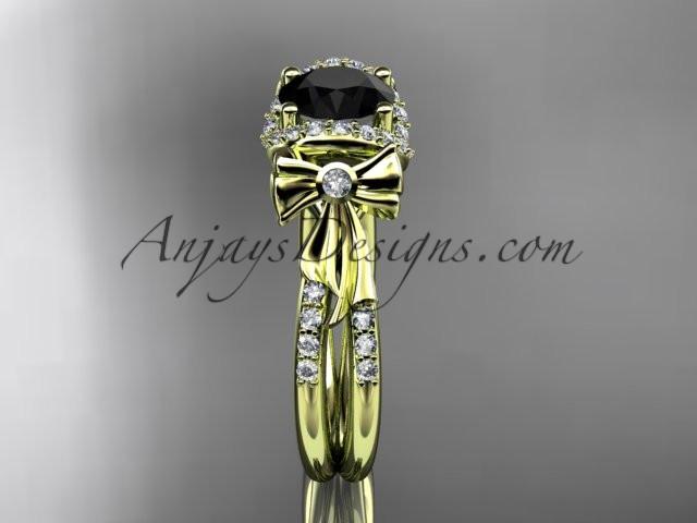 14kt yellow gold diamond unique engagement ring, bow ring, wedding ring with a Black Diamond center stone ADER155 - AnjaysDesigns