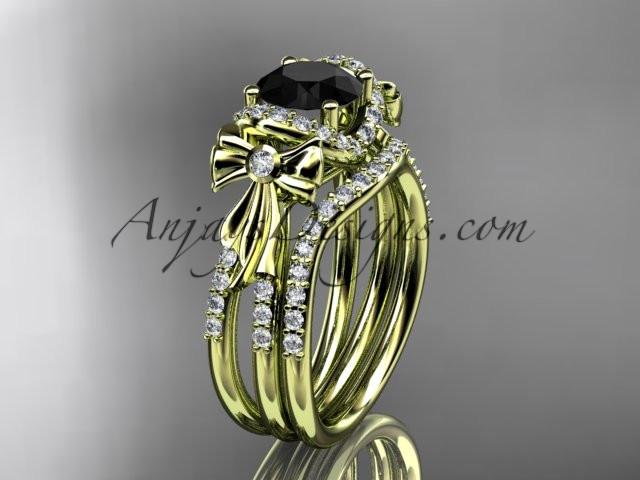 14kt yellow gold diamond unique engagement set, wedding ring, bow ring with a Black Diamond center stone ADER155S - AnjaysDesigns