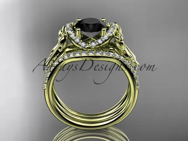 14kt yellow gold diamond unique engagement set, wedding ring, bow ring with a Black Diamond center stone ADER155S - AnjaysDesigns
