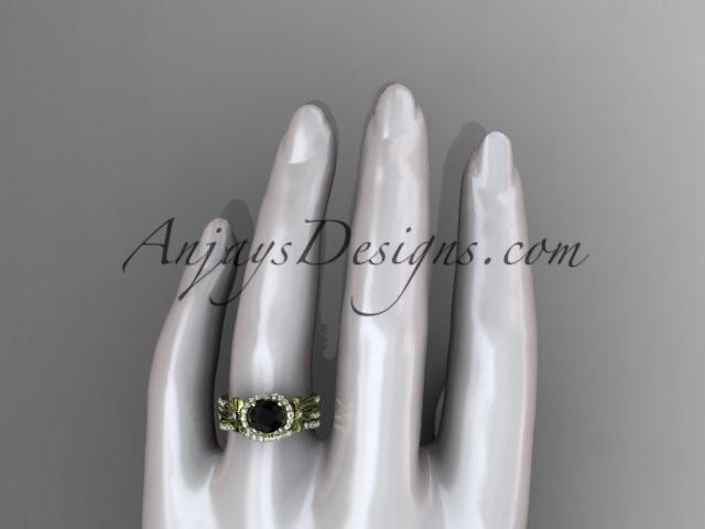 14kt yellow gold diamond unique engagement set, wedding ring, bow ring with a Black Diamond center stone ADER155S - AnjaysDesigns
