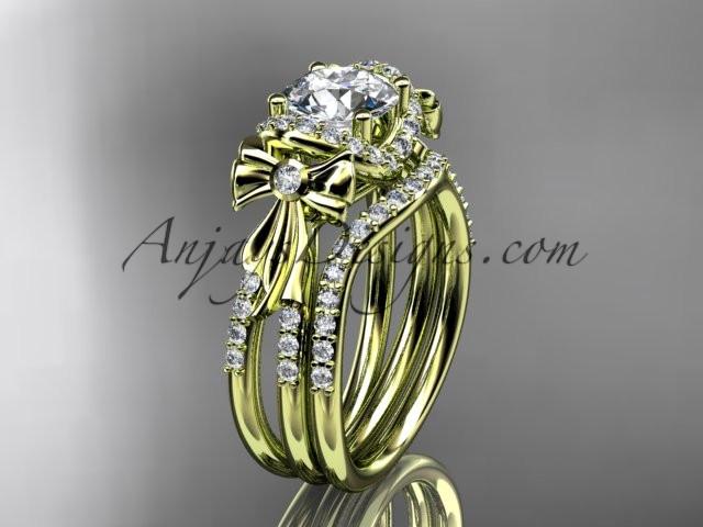 14kt yellow gold diamond unique engagement set, wedding ring, bow ring with a "Forever One" Moissanite center stone ADER155S - AnjaysDesigns