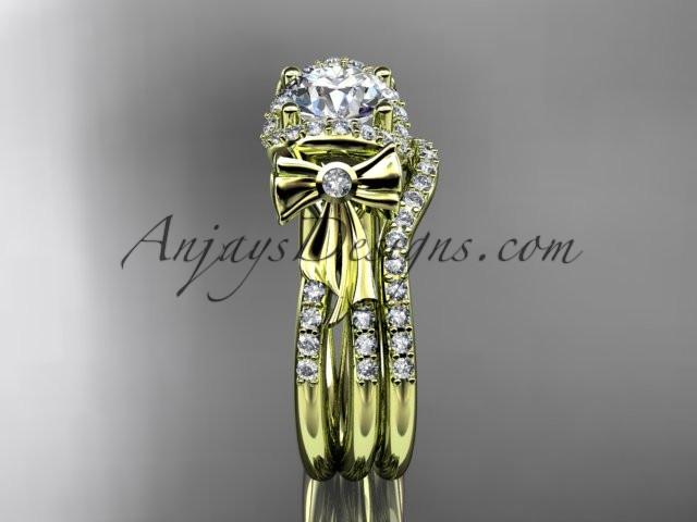 14kt yellow gold diamond unique engagement set, wedding ring, bow ring with a "Forever One" Moissanite center stone ADER155S - AnjaysDesigns