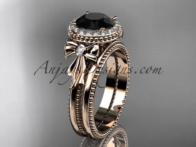 14kt rose gold diamond unique engagement set, wedding ring with a Black Diamond center stone ADER157S - AnjaysDesigns