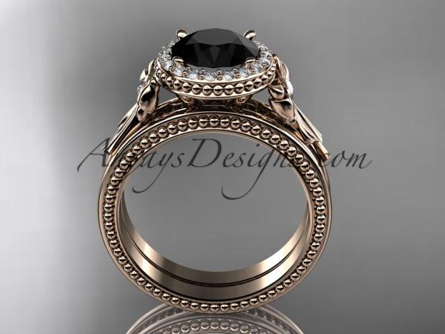 14kt rose gold diamond unique engagement set, wedding ring with a Black Diamond center stone ADER157S - AnjaysDesigns