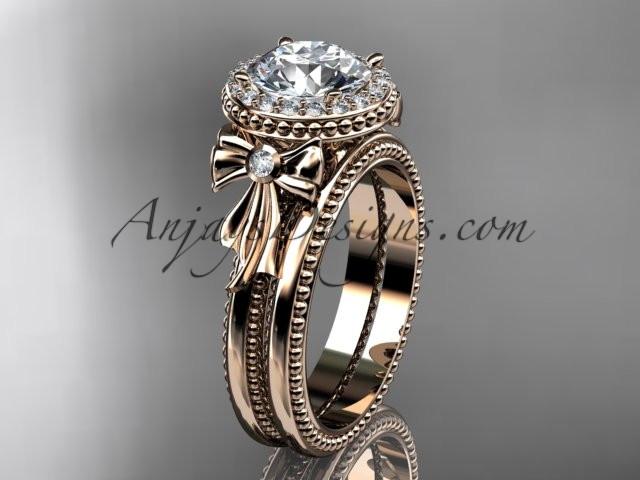 14kt rose gold diamond unique engagement set, wedding ring with a "Forever One" Moissanite center stone ADER157S - AnjaysDesigns