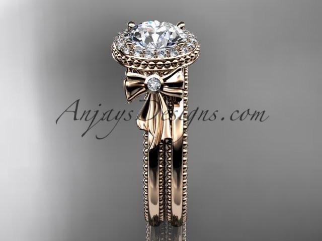 14kt rose gold diamond unique engagement set, wedding ring with a "Forever One" Moissanite center stone ADER157S - AnjaysDesigns
